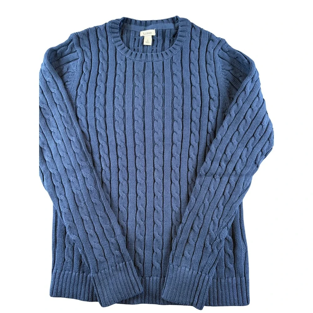 LL Bean Mens Small Blue Cable Knit Crewneck Sweater Navy Cotton Blend Regular